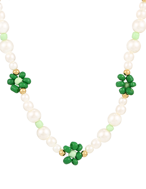 Fashion Green Rice Bead Flower Pearl Necklace