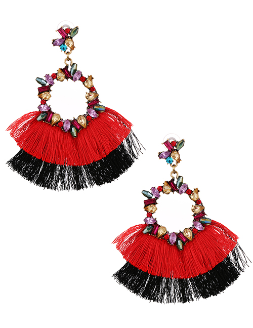 Fashion Red Alloy Diamond Irregular Colorblock Tassel Stud Earrings