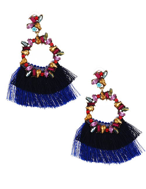 Fashion Black Alloy Diamond Irregular Colorblock Tassel Stud Earrings