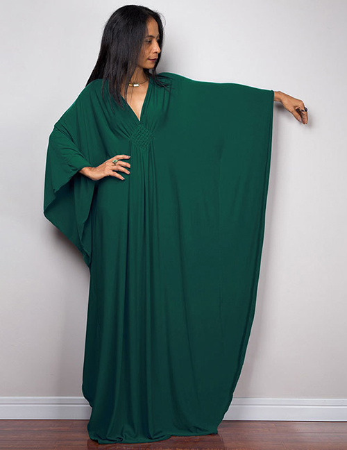 Fashion Dark Green Blend V-neck Doll Sleeve Swimsuit Cover-up
