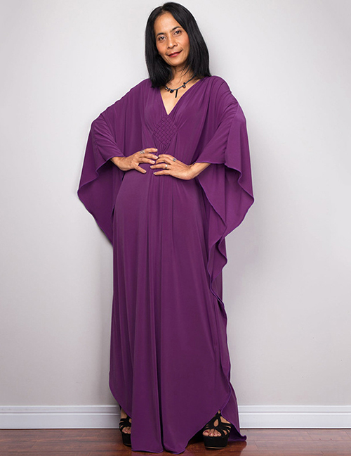Fashion Purple Blend V-neck Doll Sleeve Swimsuit Cover-up