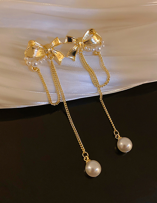 Fashion Gold Alloy Bow Pearl Tassel Drop Earrings
