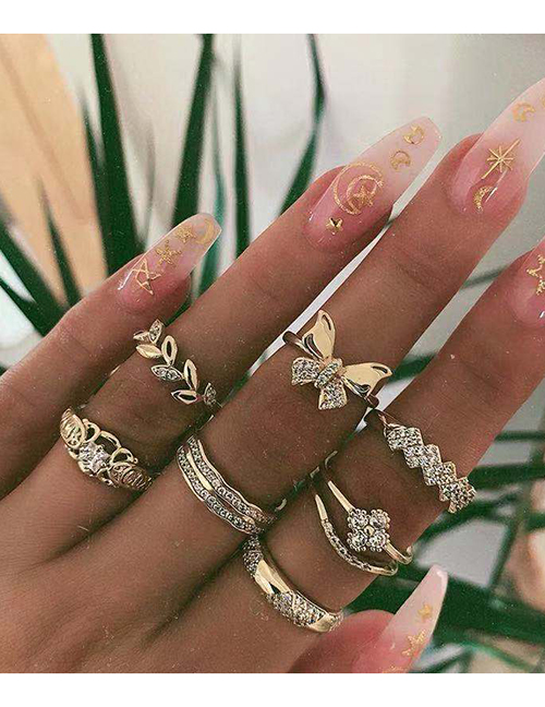 Fashion 2# Alloy Diamond Butterfly Leaf Geometric Ring Set