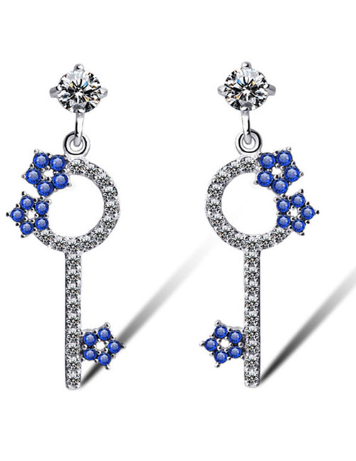 Fashion Blue Copper Inlaid Zirconium Cartoon Key Stud Earrings