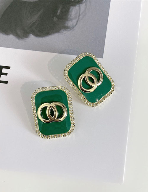 Fashion Green Alloy Double Circle Square Stud Earrings