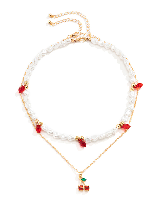 Fashion Gold Alloy Pearl Beaded Cherry Double Layer Necklace