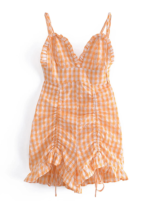 Fashion Orange Grid Polycotton Check V-neck Drawstring Dress
