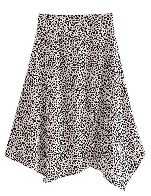 Fashion Light Khaki Geometric Leopard Print Irregular Hem Skirt