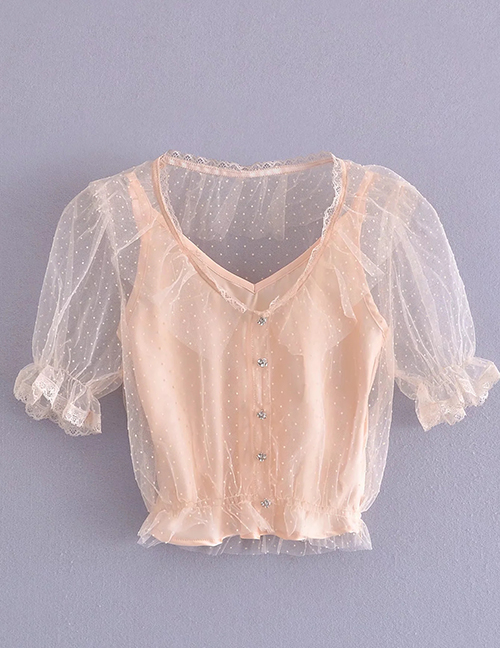 Fashion Apricot Mesh Lace V-neck Puff Sleeve Top