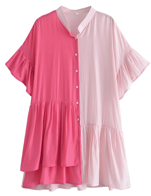 Fashion Pink And Rose Red Rayon Colorblock Lace Irregular Hem Shirt Dress