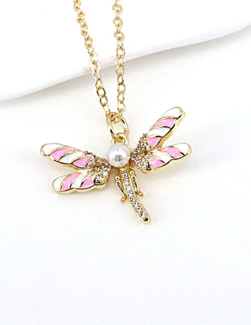 Fashion Pink Copper Drop Oil And Diamond Dragonfly Necklace