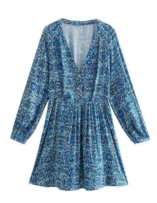 Fashion Blue Printed V-neck Dress
