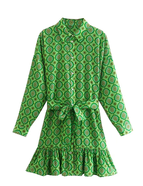 Fashion Green Printed Lace-up Button-down Dress