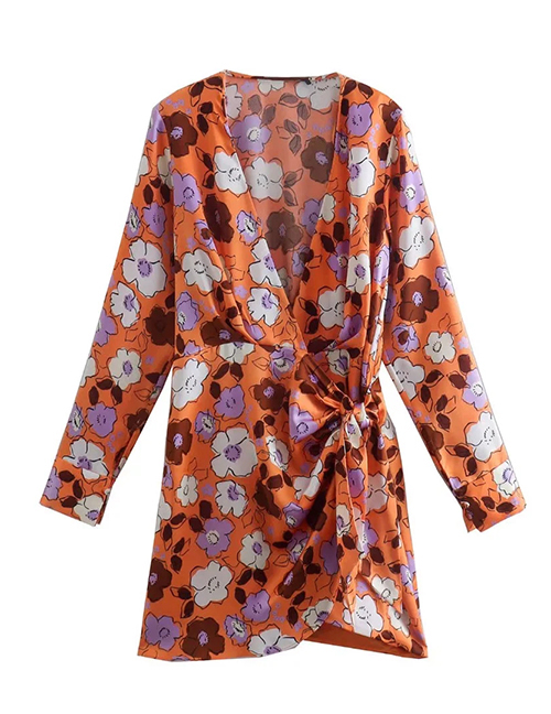 Fashion Orange Printed Knotted Silk-satin Dress