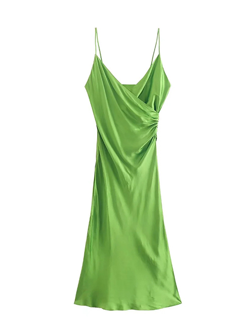 Fashion Green Slightly Pleated V-neck Slip Dress