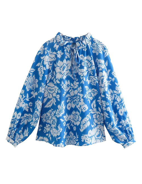 Fashion Blue Printed Stand-neck Tie Puff Sleeve Top