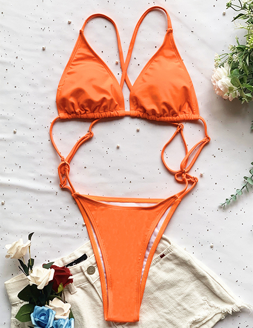 Fashion 6341 Orange Nylon Drawstring Back Cross One Piece Swimsuit