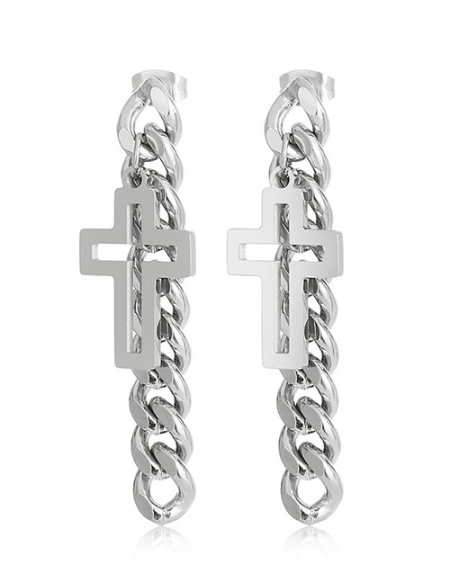 Fashion Steel Color Stainless Steel Cuban Chain Cross Earrings
