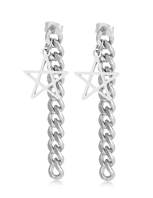 Fashion Steel Color Titanium Pentagram Chain Earrings