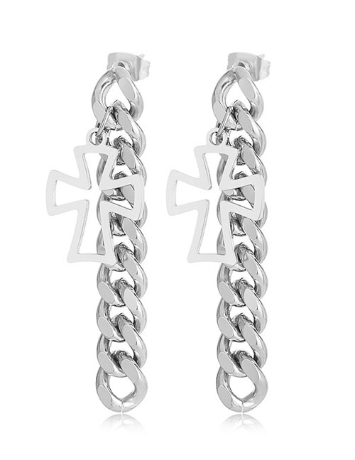 Fashion Steel Color Titanium Cutout Cross Chain Drop Earrings