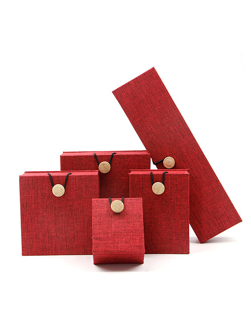 Fashion Red Hemp Button Box 24*6.5*3.7 Long Chain Box Burlap Wooden Buckle Geometric Jewelry Box