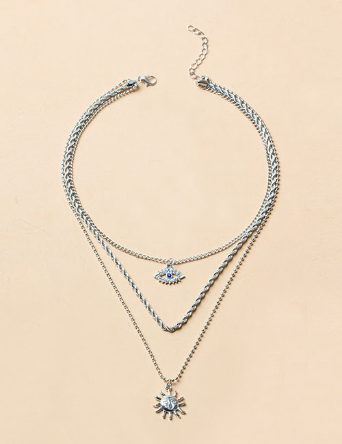 Fashion Silver Color Alloy Diamond Eye Twist Chain Sun Multilayer Necklace