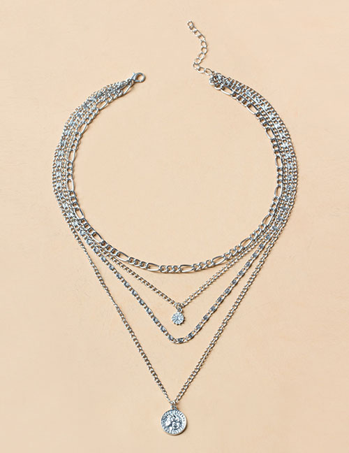 Fashion Silver Color Alloy Diamond Claw Chain Portrait Round Coin Multilayer Necklace