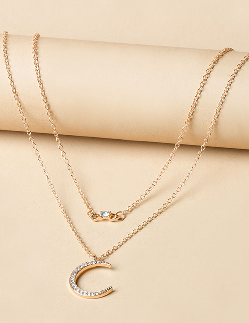 Fashion Gold Color Alloy Diamond Crescent Double Layer Necklace