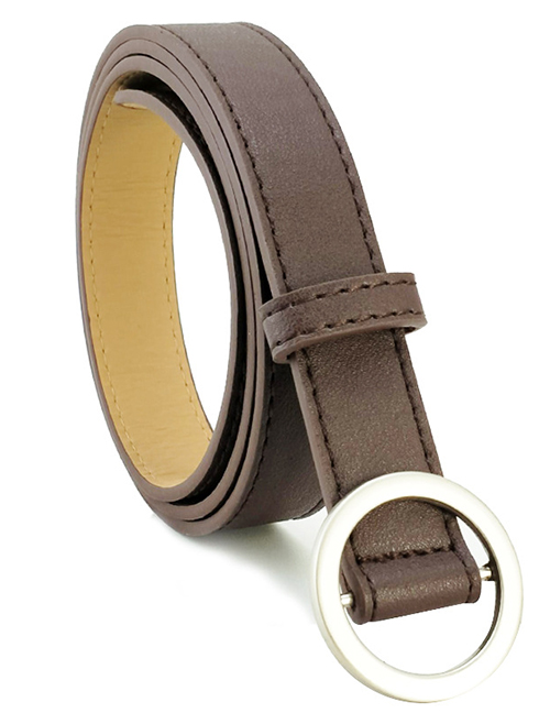 Fashion Brown Wide-brimmed Belt With Round Buckle Without Holes