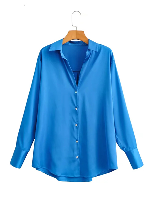 Fashion Royal Blue Satin Lapel V-neck Shirt