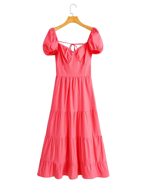 Fashion Rose Red Puff Sleeve Square Neck Swing Dress