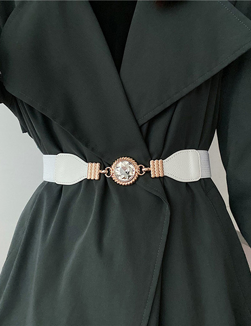 Fashion White Faux Leather Elasticated Elastic Belt With Diamonds