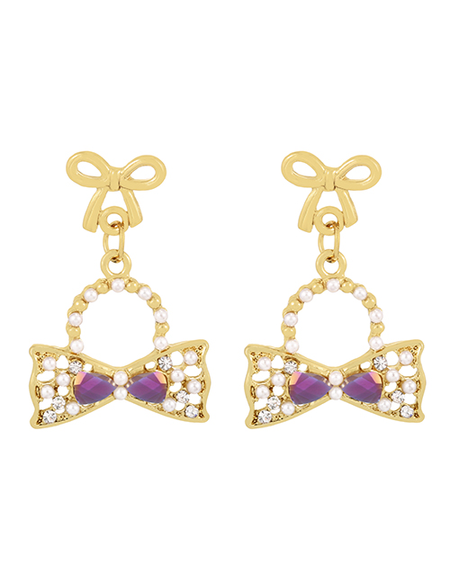 Fashion Purple Alloy Diamond Pearl Bow Stud Earrings