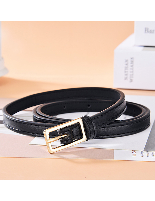 Fashion Black Faux Leather Rectangular Buckle Thin Belt