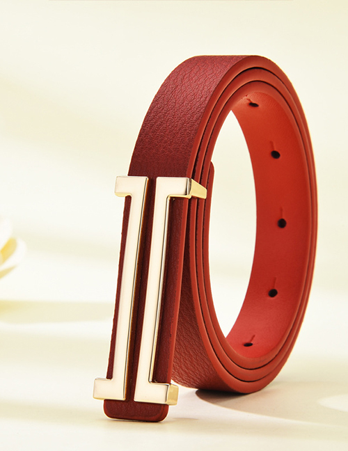 Fashion Red Faux Leather Smooth Buckle Thin Belt