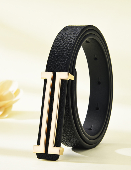Fashion Black Faux Leather Smooth Buckle Thin Belt