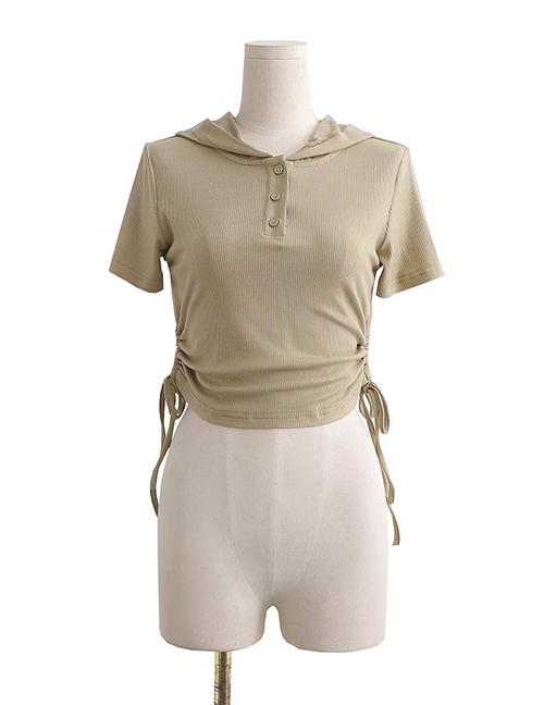 Fashion Khaki Solid Hooded Drawstring Short Sleeves