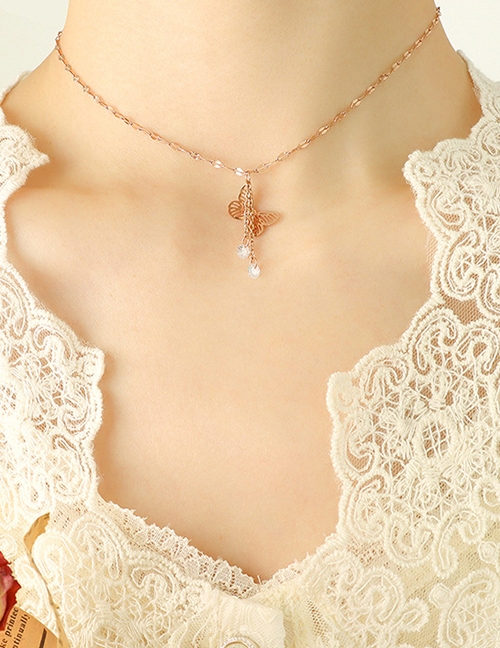 Fashion Rose Gold Color Titanium Steel Zirconium Butterfly Necklace