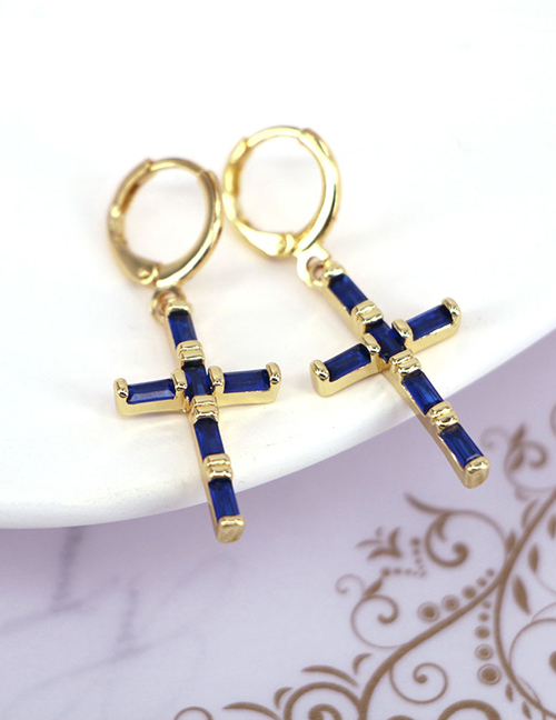 Fashion Dark Blue Gold Plated Brass Cross Earrings With Fancy Diamonds