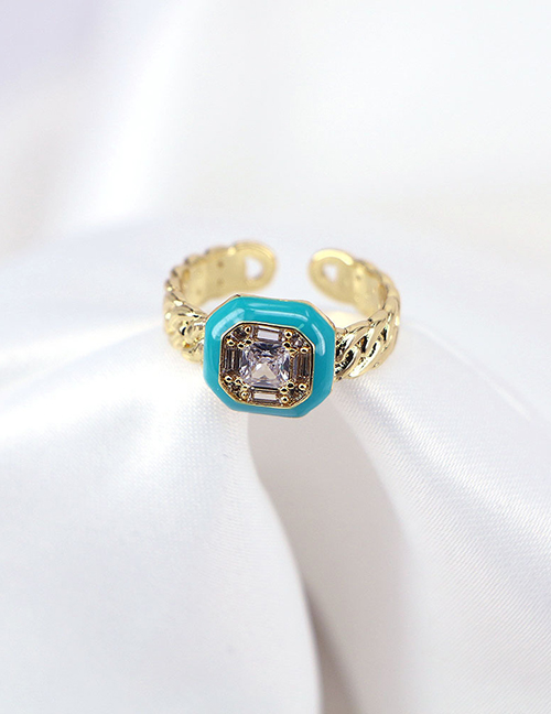 Fashion Dark Blue Copper Gold Plated Zirconium Geometric Square Open Ring
