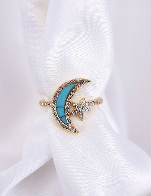 Fashion Lake Blue Brass Gold Plated Zirconium Star Moon Open Ring