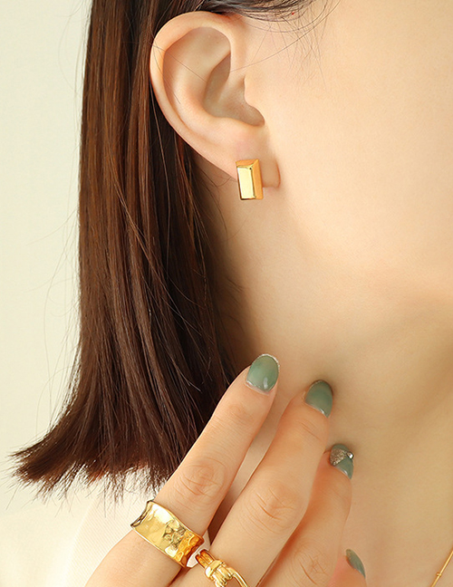 Fashion R360-a Pair Of Golden Earrings Titanium Steel Geometric Square Gold Brick Stud Earrings