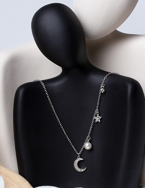 Fashion Silver Alloy Diamond Star Moon Pearl Necklace