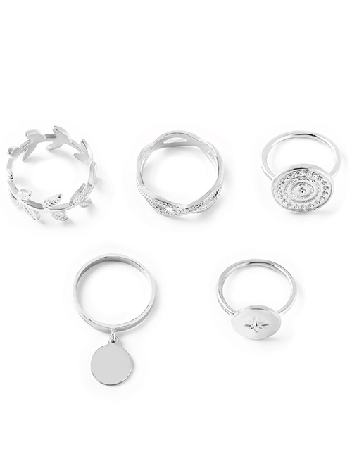 Fashion Silver Metal Leaf Disc Geometric Ring Set