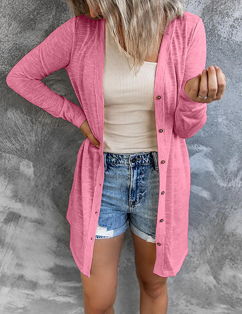 Fashion Pink Solid Button Long Sleeve Cardigan
