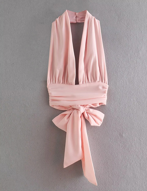 Fashion Pink Solid Color Halter Tie Top