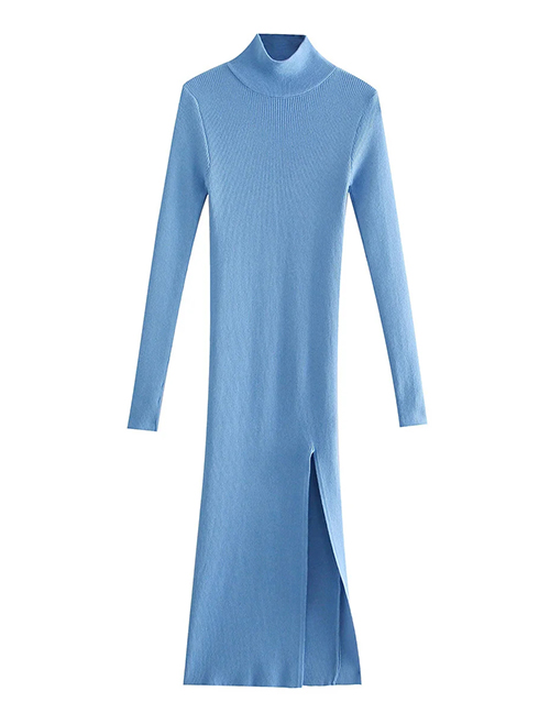 Fashion Blue Ribbed-knit Slit Dress