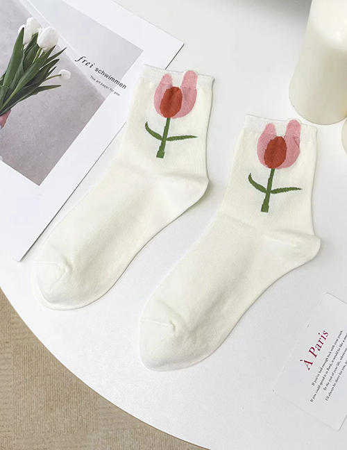 Fashion White Tulip Embroidered Cotton Socks