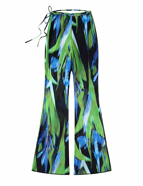 Fashion Green Woven Print Pull-up Trousers