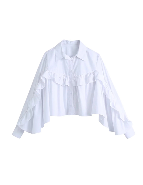 Fashion White Polyester Layered Lapel Button-down Shirt